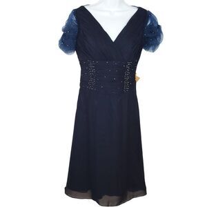 NEW Light in the Box Dress Navy Blue Sz 6 Beaded V Neck Gathered Bodice A Line